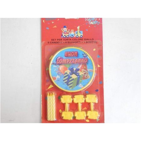 Set per torta giallo 6 candele e 6 supporti con scritta