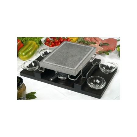 Piastra lavica rett.stand in acciaio inox e vassoio in legno