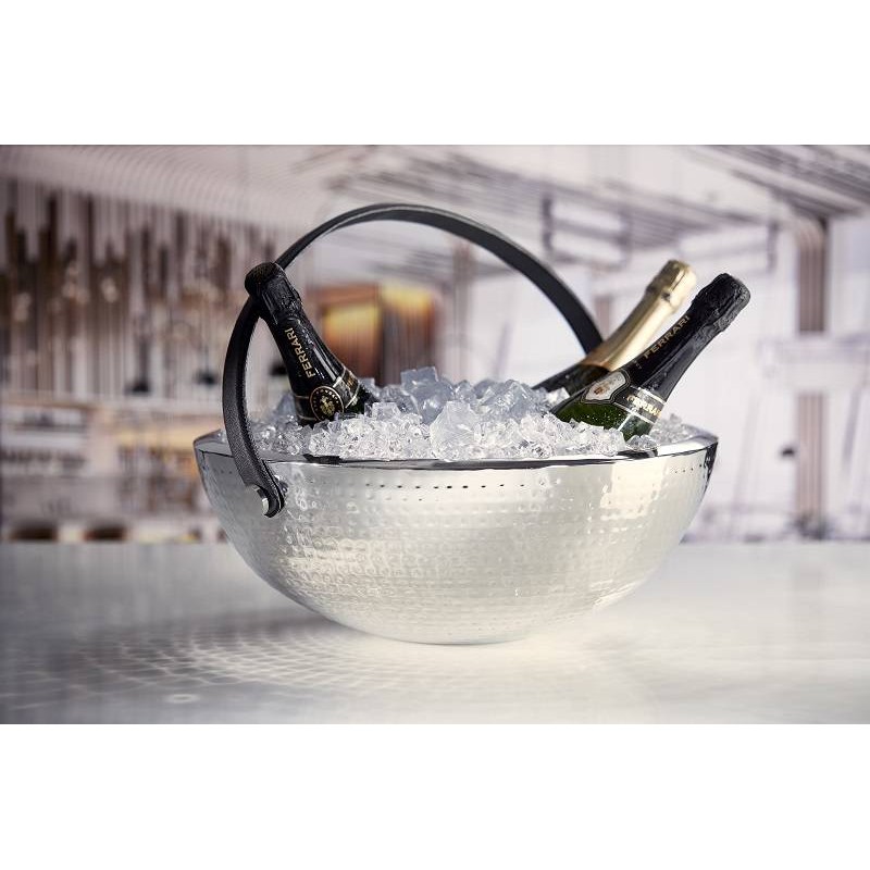Secchiello portaghiaccio in acciaio martellato con manico in ecopelle 43cm