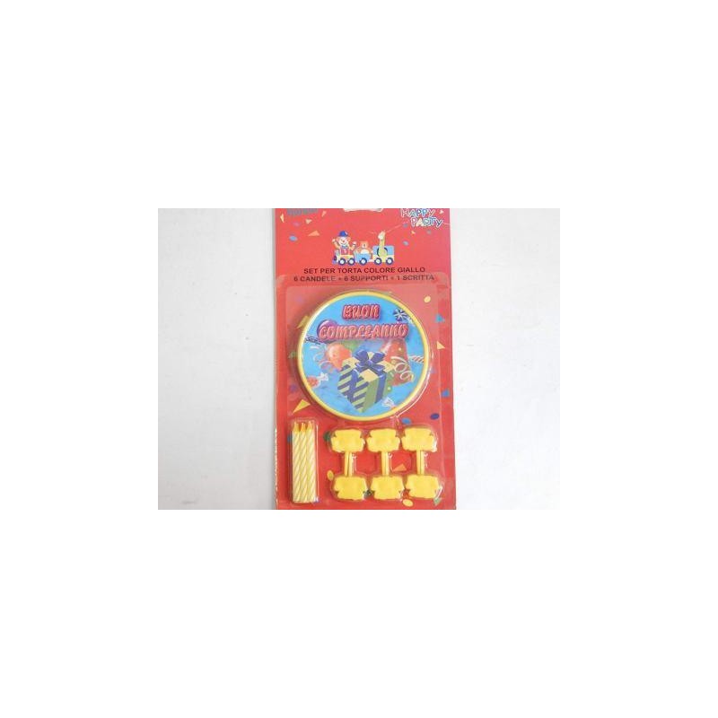 Set per torta giallo 6 candele e 6 supporti con scritta