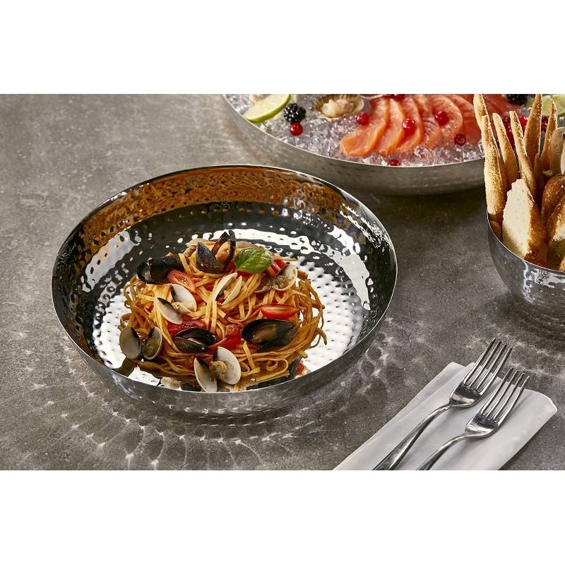 Vassoio rotondo in acciaio martellato, finitura a specchio