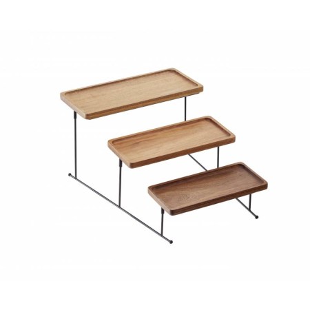Stand con tre vassoi in acacia e supporto metallo nero